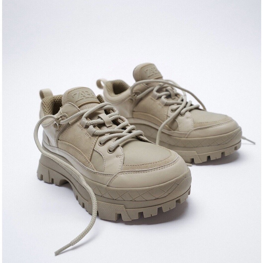ZARA | Size 8 / 38 | Beige/Grey Track Sole Lace Up Trainers Sneakers